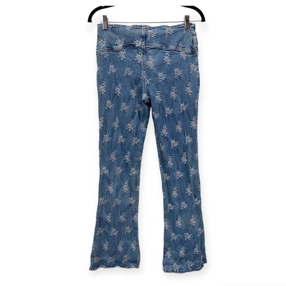 Vintage Flare Denim Midrise Jeans with Allover Embroidery Print Blue Medium Wash - Picture 2 of 7